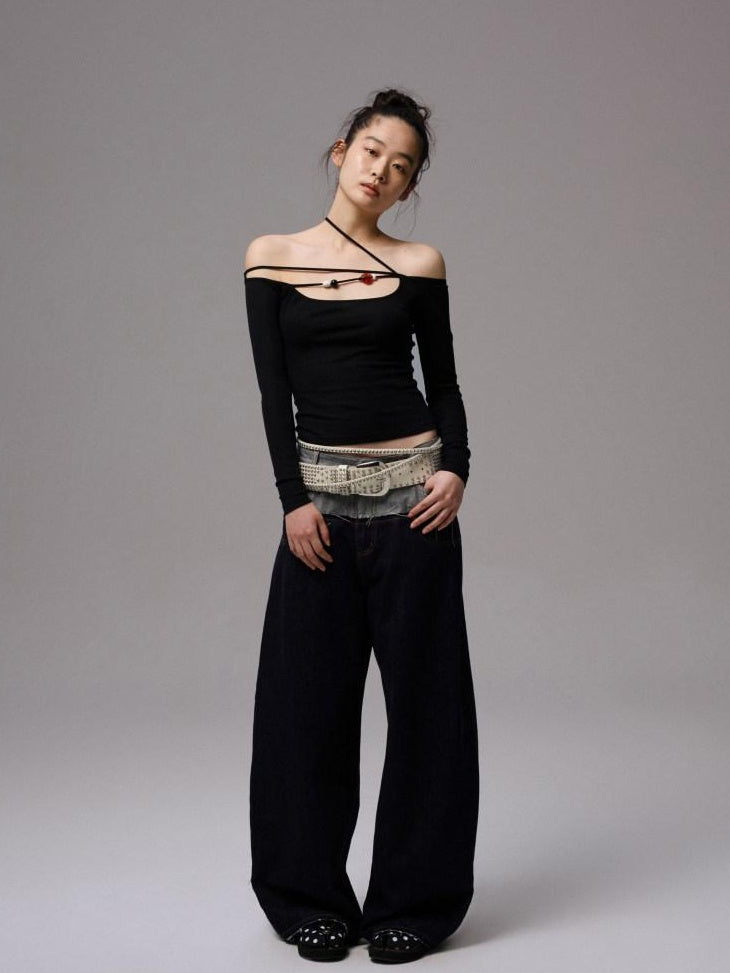 1JINN STUDIO Low Rise Patchwork Embroidered Casual Women Relaxed Wide Leg Pants