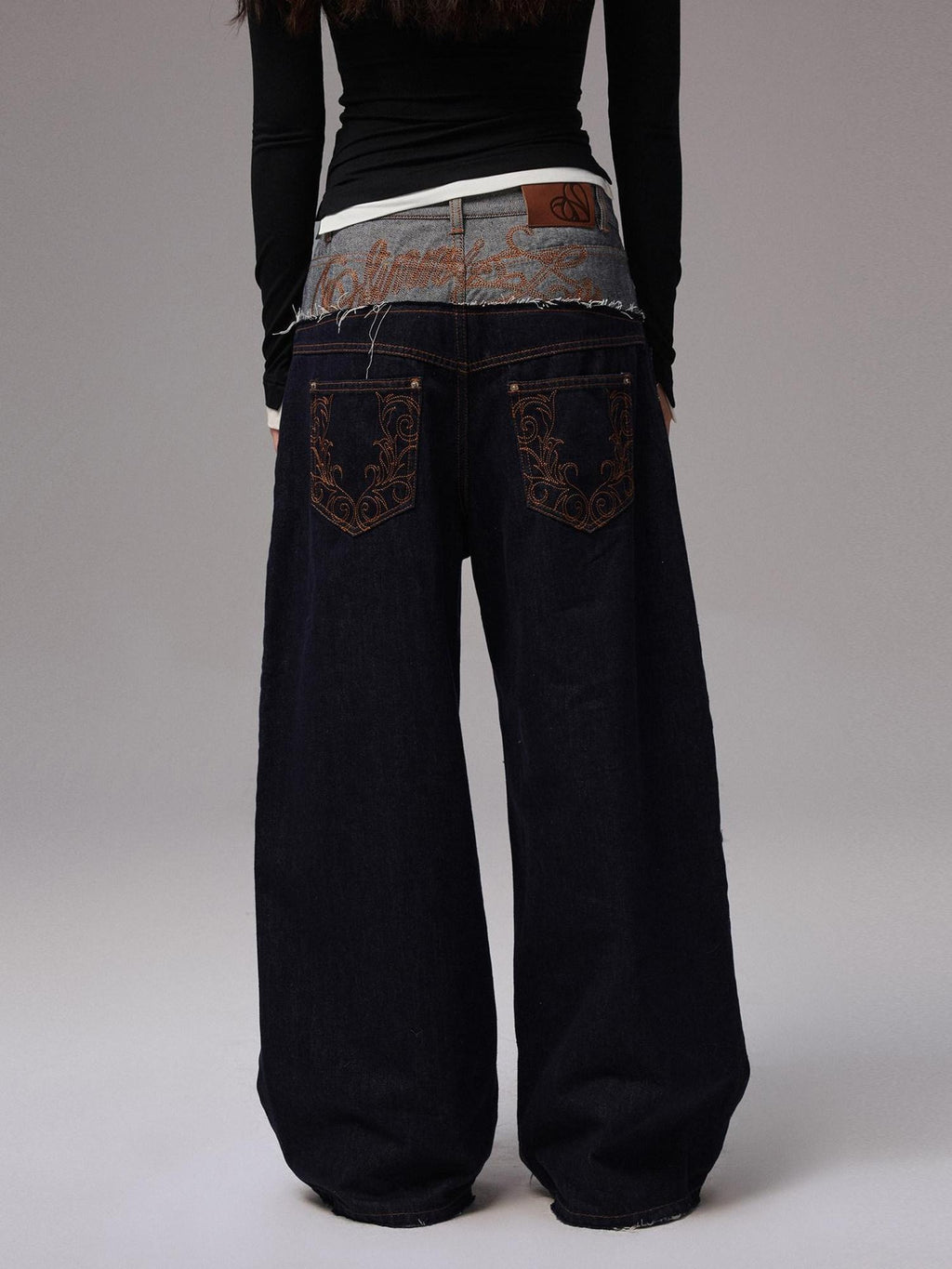 1JINN STUDIO Low Rise Patchwork Embroidered Casual Women Relaxed Wide Leg Pants