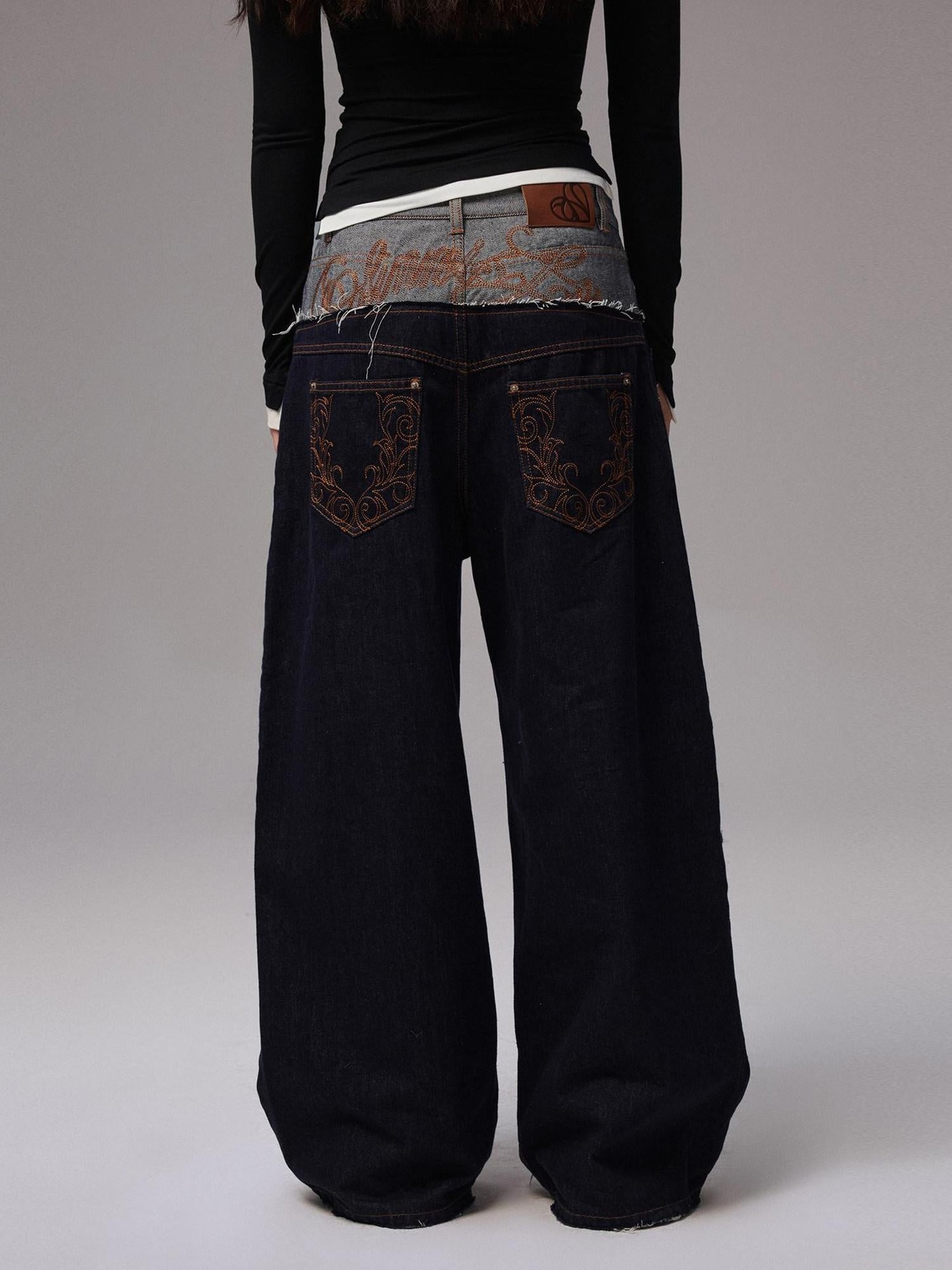 1JINN STUDIO Low Rise Patchwork Embroidered Casual Women Relaxed Wide Leg Pants
