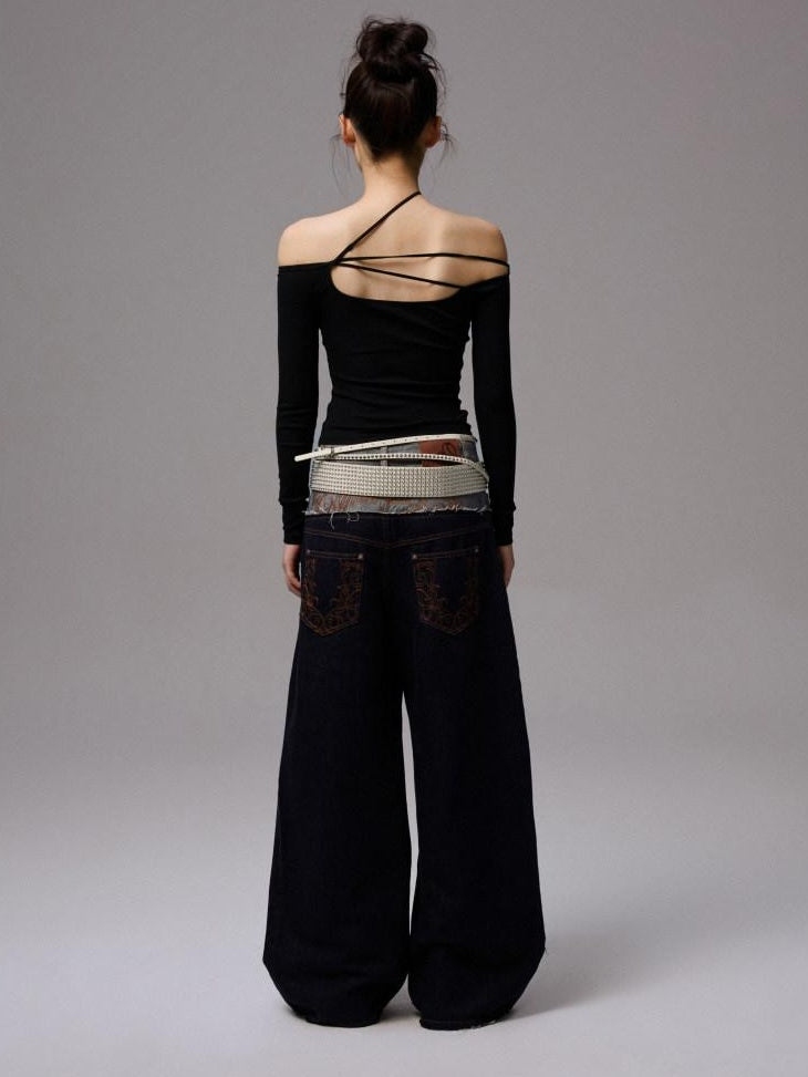 1JINN STUDIO Low Rise Patchwork Embroidered Casual Women Relaxed Wide Leg Pants