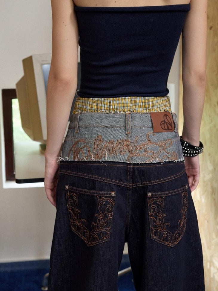 1JINN STUDIO Low Rise Patchwork Embroidered Casual Women Relaxed Wide Leg Pants