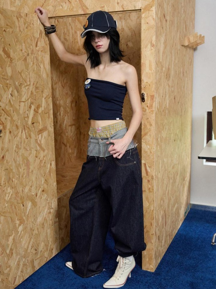 1JINN STUDIO Low Rise Patchwork Embroidered Casual Women Relaxed Wide Leg Pants