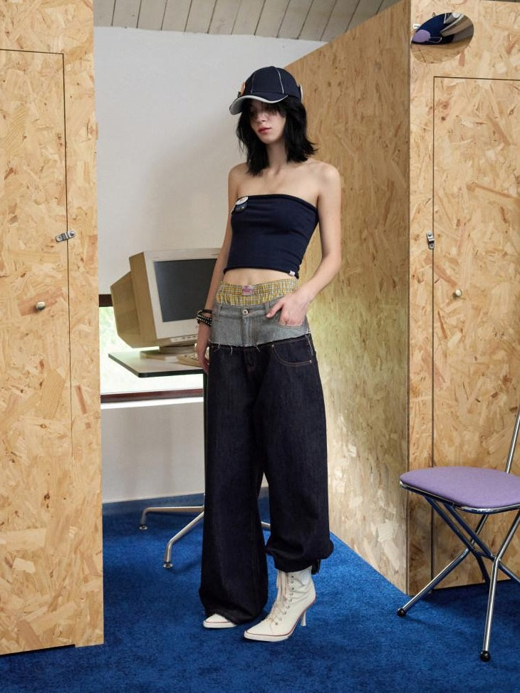 1JINN STUDIO Low Rise Patchwork Embroidered Casual Women Relaxed Wide Leg Pants