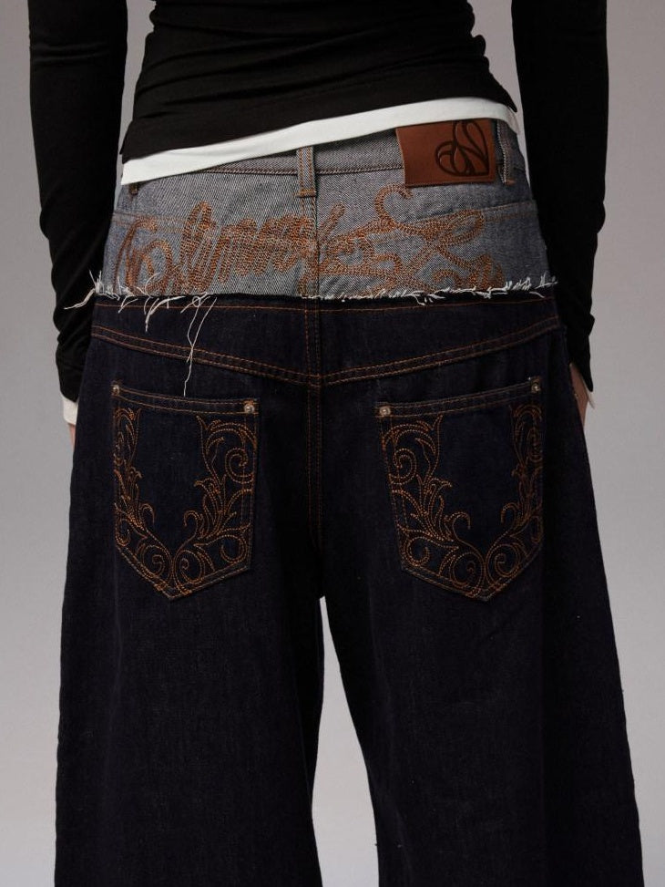 1JINN STUDIO Low Rise Patchwork Embroidered Casual Women Relaxed Wide Leg Pants