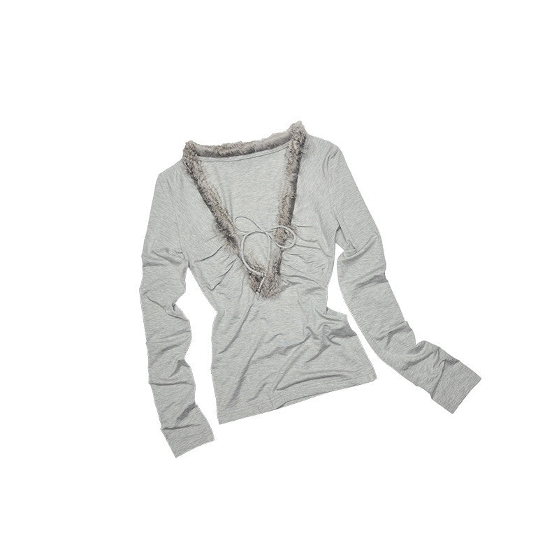 1JINN_STUDIO_Lyocell_Stretch_Slim_Fit_Commuter_V-neck_Fuzzy_Edge_Women_Long_Sleeve_T-Shirts_MISSTT