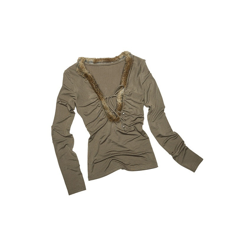 1JINN_STUDIO_Lyocell_Stretch_Slim_Fit_Commuter_V-neck_Fuzzy_Edge_Women_Long_Sleeve_T-Shirts_MISSTT