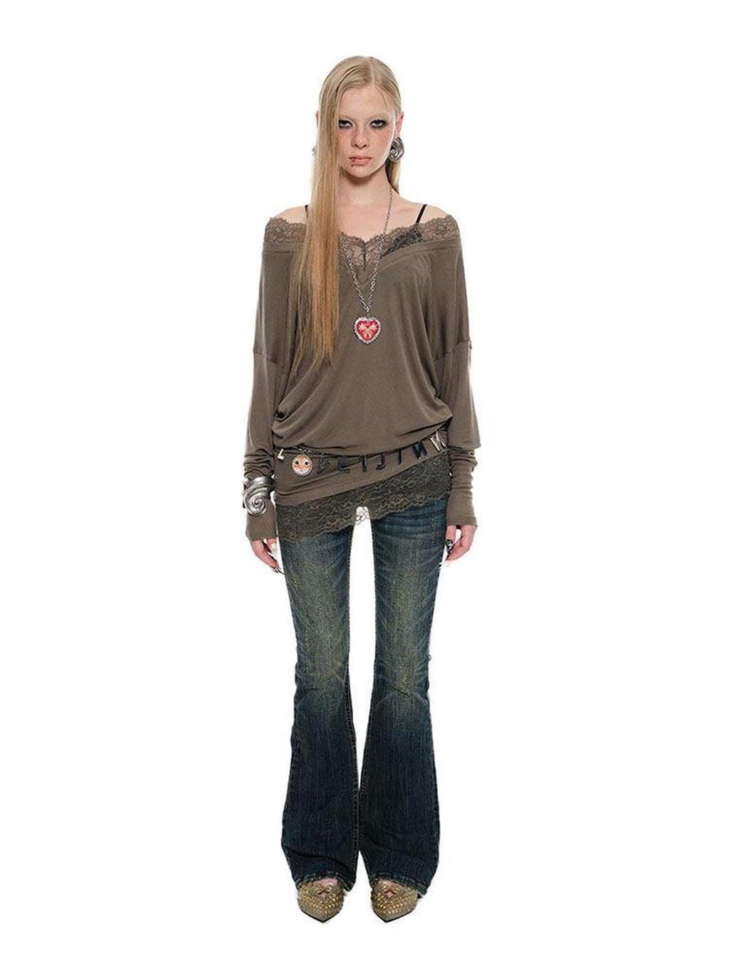1JINN STUDIO Lyocell Wool Blend Lace V-neck Loose Punk Street Women Long Sleeve T-Shirts