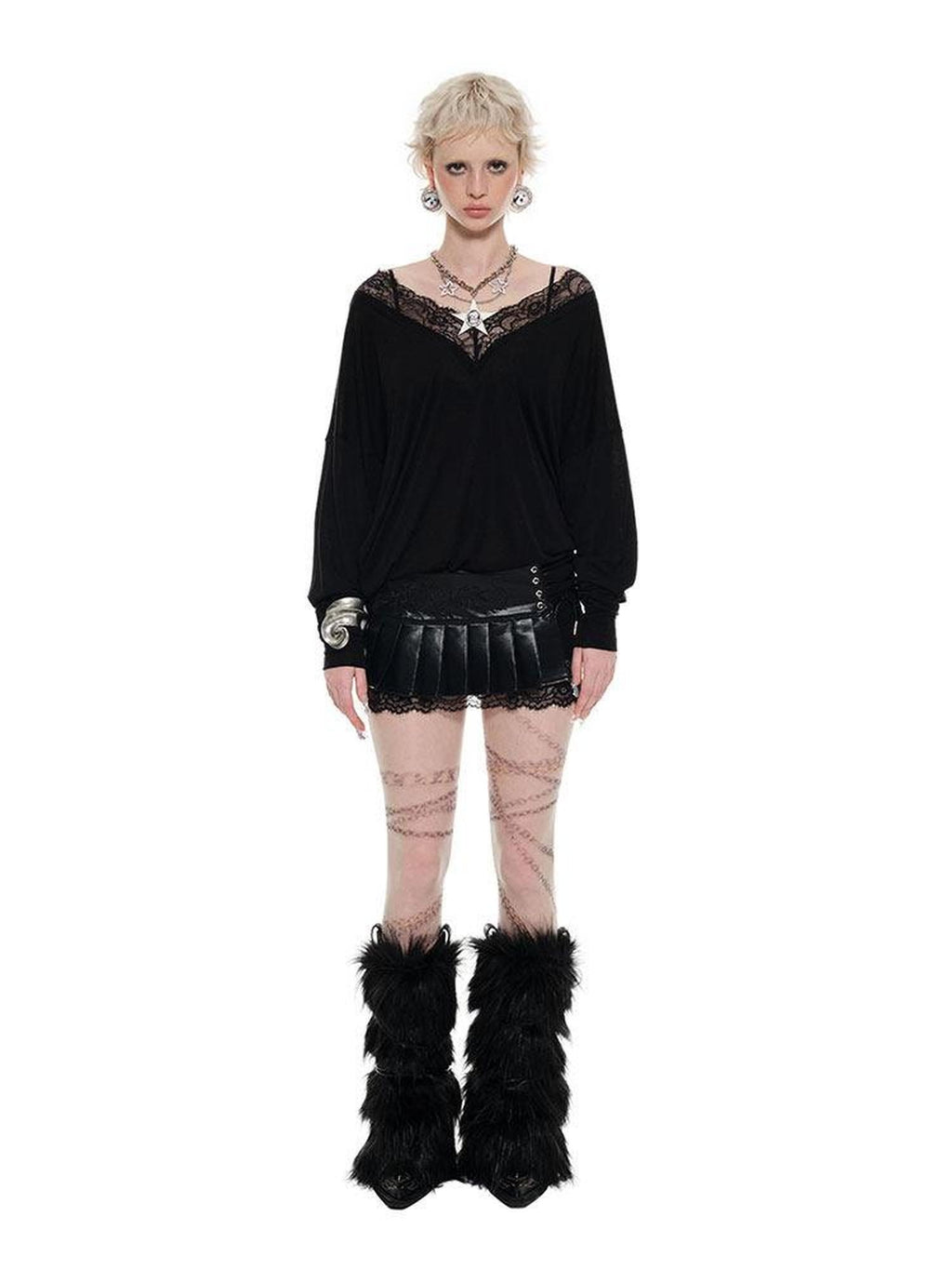 1JINN STUDIO Lyocell Wool Blend Lace V-neck Loose Punk Street Women Long Sleeve T-Shirts
