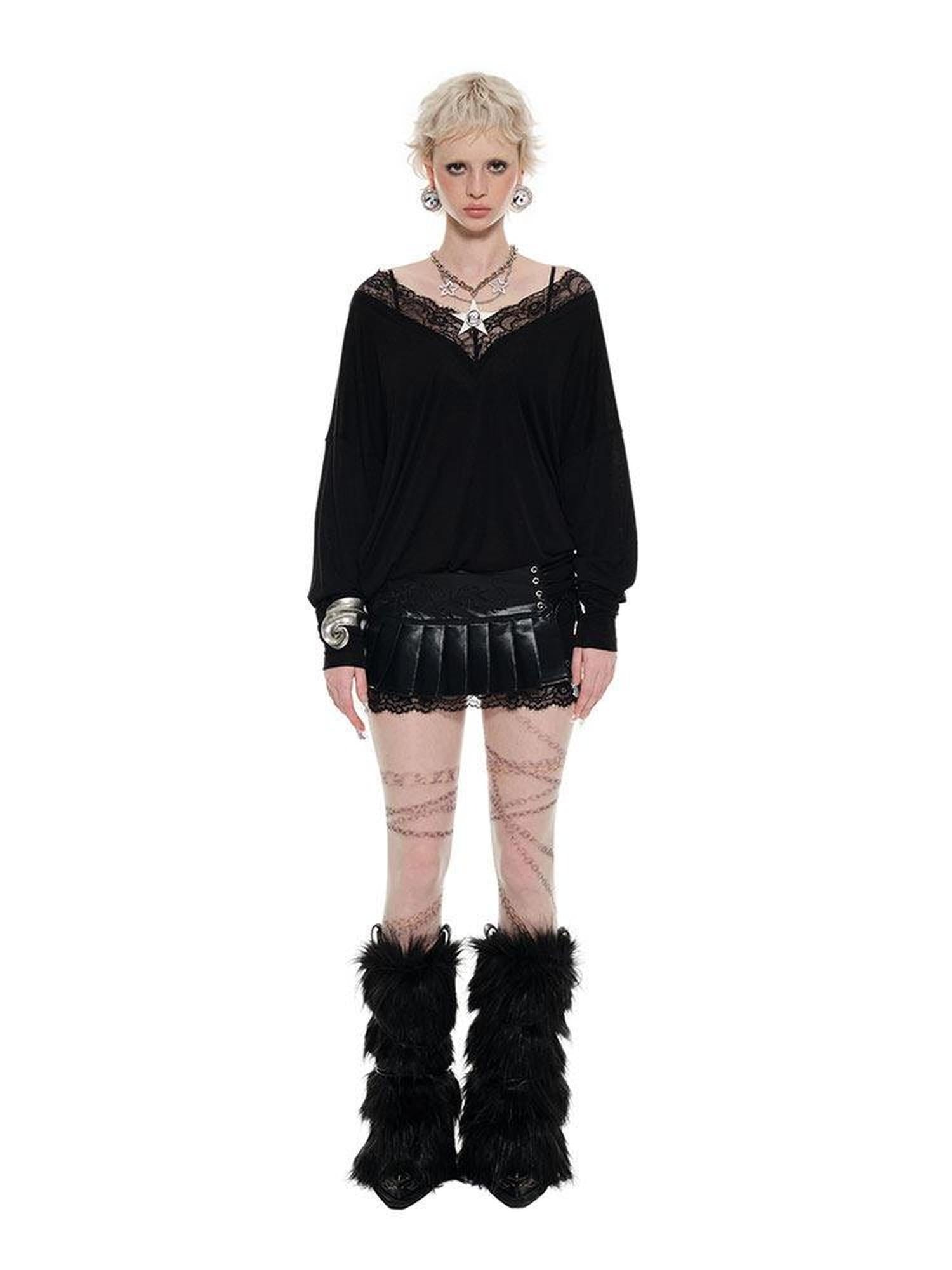 1JINN STUDIO Lyocell Wool Blend Lace V-neck Loose Punk Street Women Long Sleeve T-Shirts