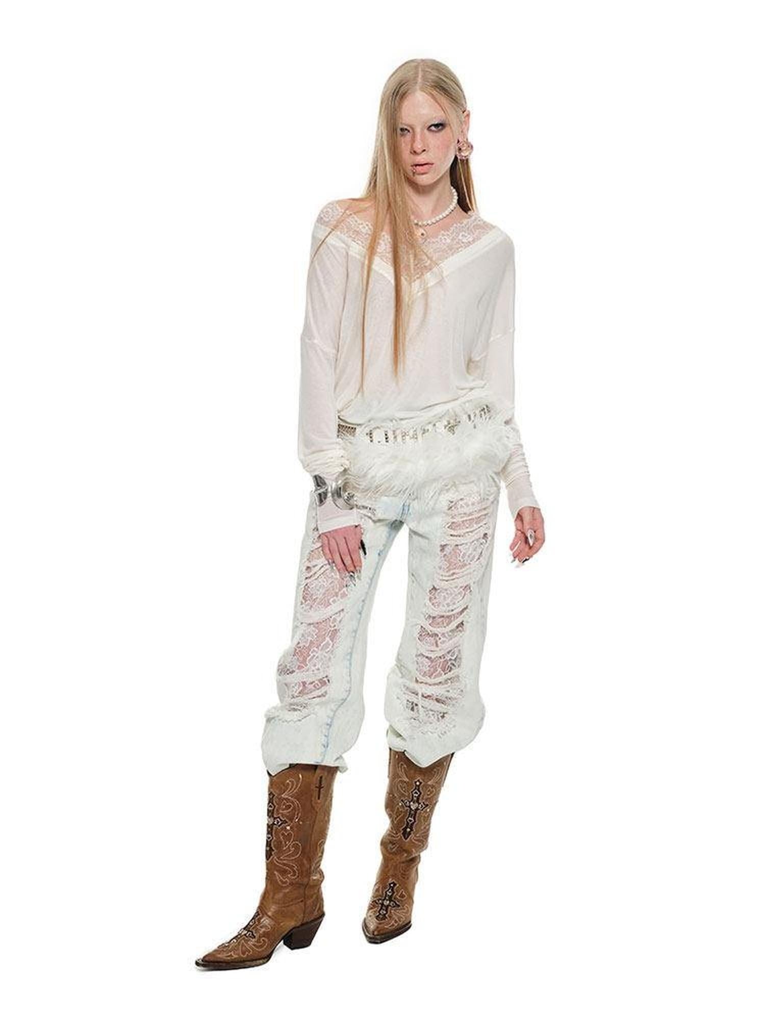 1JINN STUDIO Lyocell Wool Blend Lace V-neck Loose Punk Street Women Long Sleeve T-Shirts