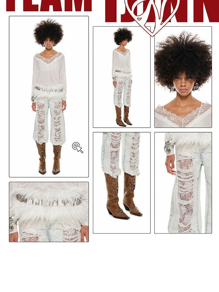 1JINN STUDIO Lyocell Wool Blend Lace V-neck Loose Punk Street Women Long Sleeve T-Shirts
