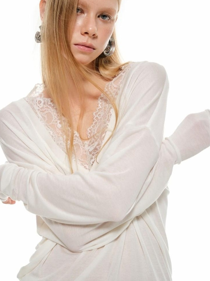 1JINN STUDIO Lyocell Wool Blend Lace V-neck Loose Punk Street Women Long Sleeve T-Shirts