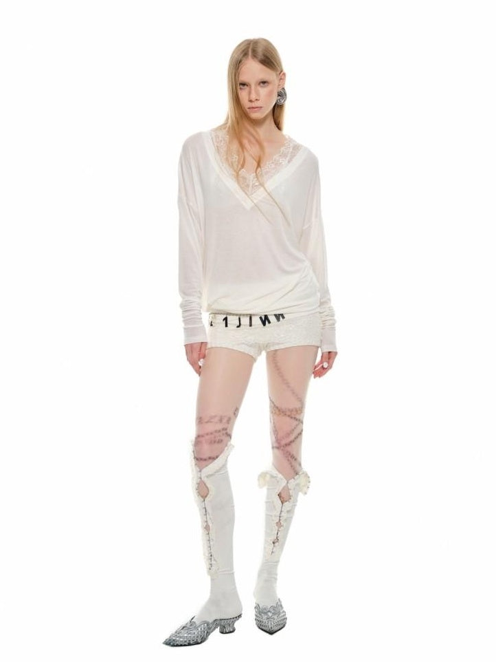 1JINN STUDIO Lyocell Wool Blend Lace V-neck Loose Punk Street Women Long Sleeve T-Shirts