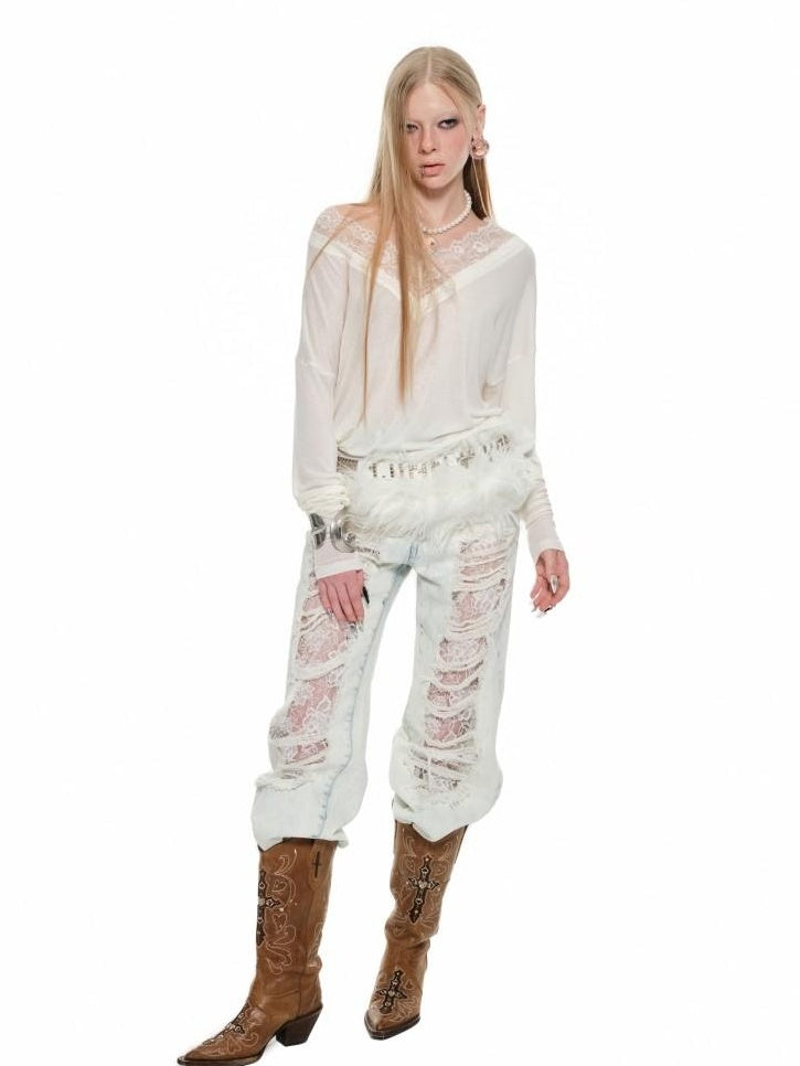 1JINN STUDIO Lyocell Wool Blend Lace V-neck Loose Punk Street Women Long Sleeve T-Shirts