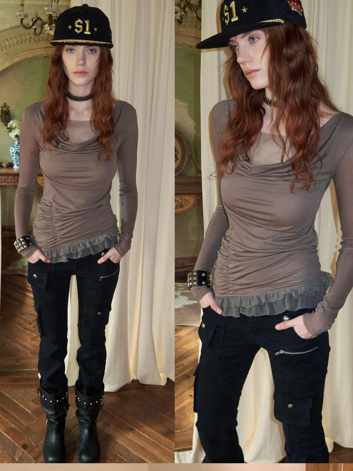 1JINN STUDIO Lyocell Wool Blend Pleated Faux Layer Slim Fit Vintage Long Sleeve T-Shirts