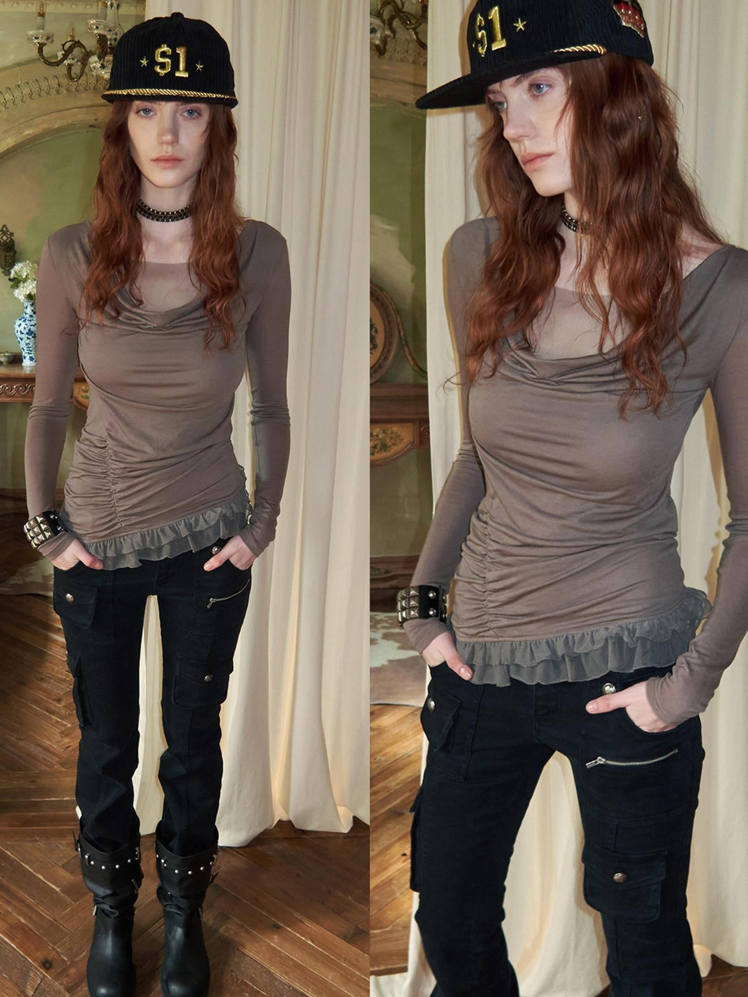 1JINN STUDIO Lyocell Wool Blend Pleated Faux Layer Slim Fit Vintage Long Sleeve T-Shirts