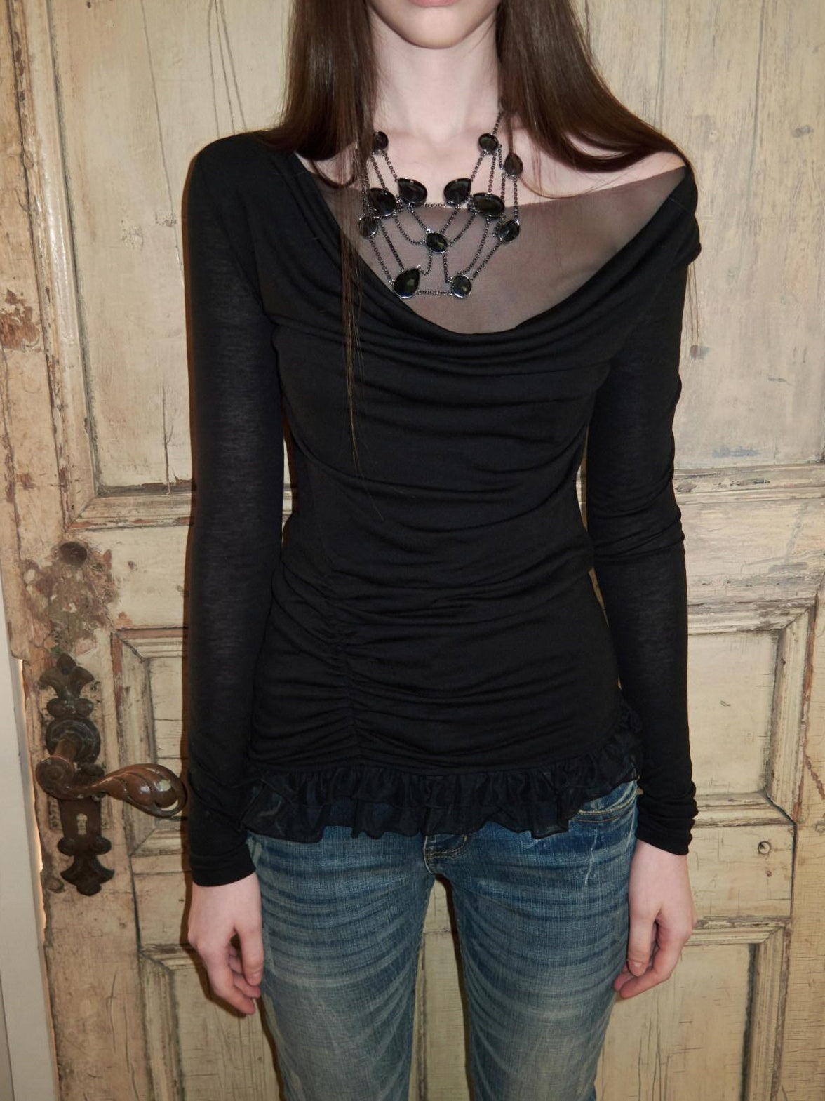 1JINN STUDIO Lyocell Wool Blend Pleated Faux Layer Slim Fit Vintage Long Sleeve T-Shirts