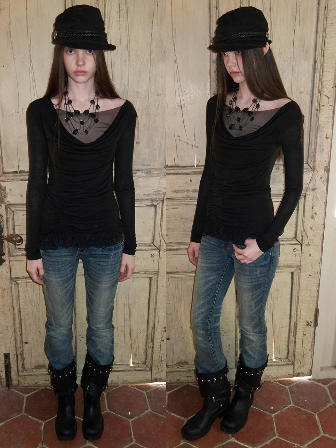 1JINN STUDIO Lyocell Wool Blend Pleated Faux Layer Slim Fit Vintage Long Sleeve T-Shirts