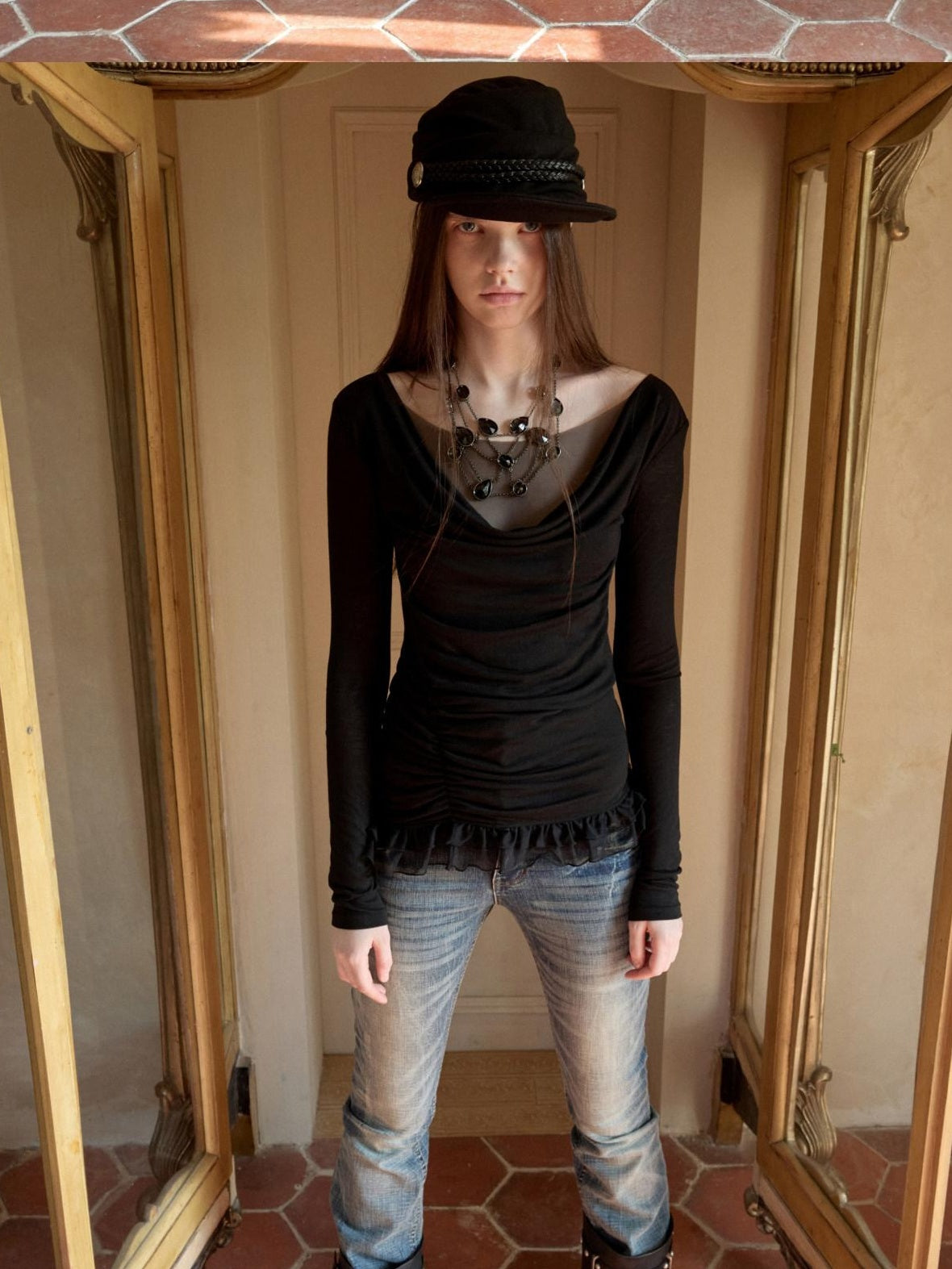 1JINN STUDIO Lyocell Wool Blend Pleated Faux Layer Slim Fit Vintage Long Sleeve T-Shirts