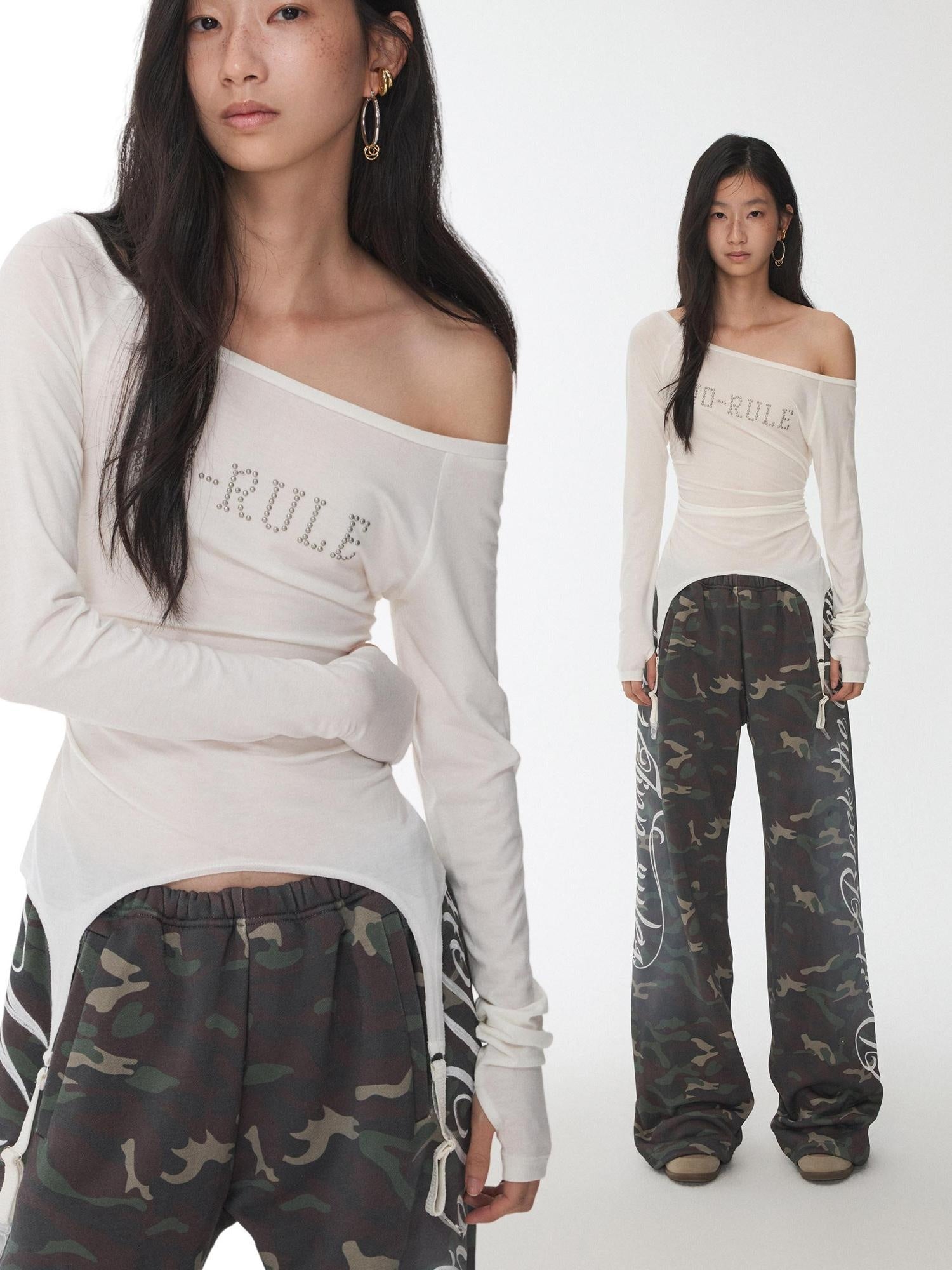 1JINN STUDIO Lyocell Wool Blend Slim Cropped Crewneck Women Letter Long Sleeve T-Shirts