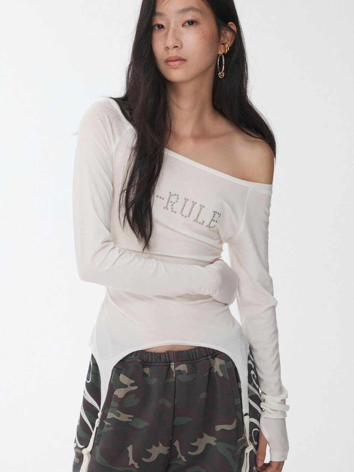 1JINN STUDIO Lyocell Wool Blend Slim Cropped Crewneck Women Letter Long Sleeve T-Shirts