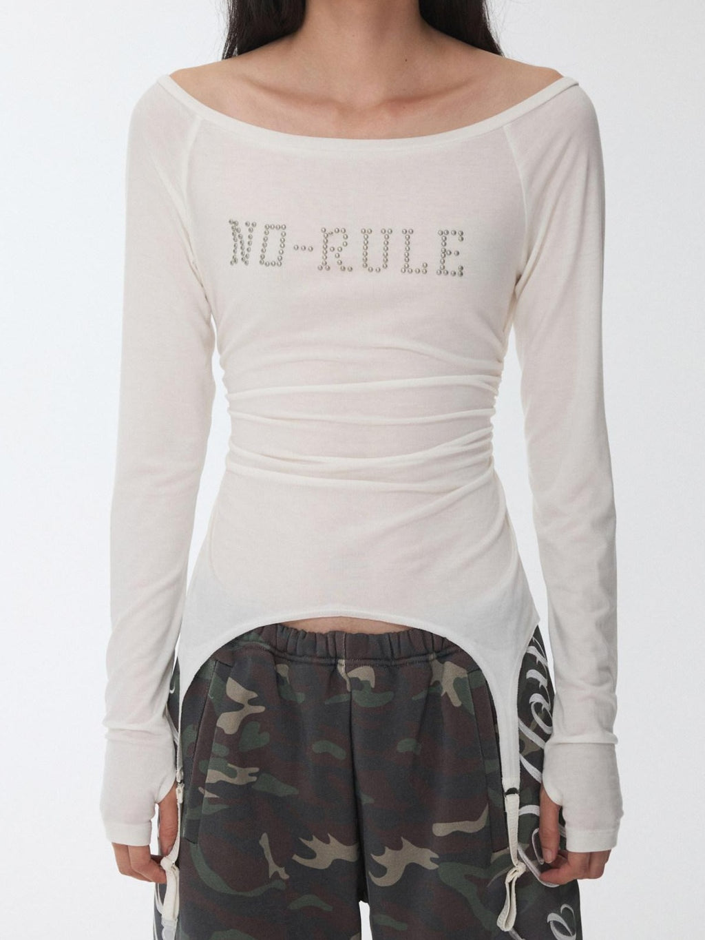 1JINN STUDIO Lyocell Wool Blend Slim Cropped Crewneck Women Letter Long Sleeve T-Shirts