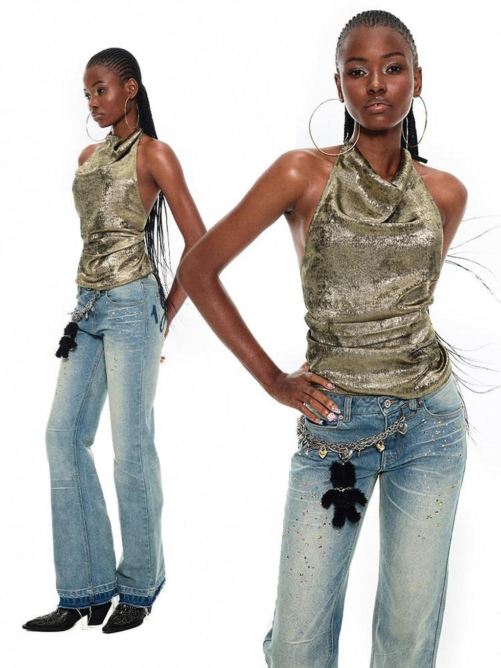 1JINN STUDIO Metallic Shimmer Halter Slim Fit Unpadded Womens Polyester Tank Tops