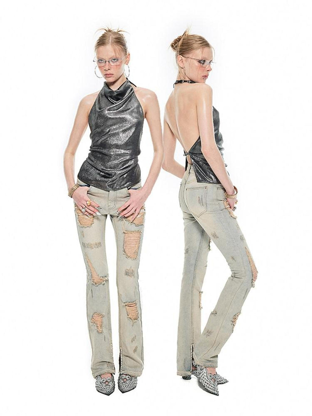 1JINN STUDIO Metallic Shimmer Halter Slim Fit Unpadded Womens Polyester Tank Tops