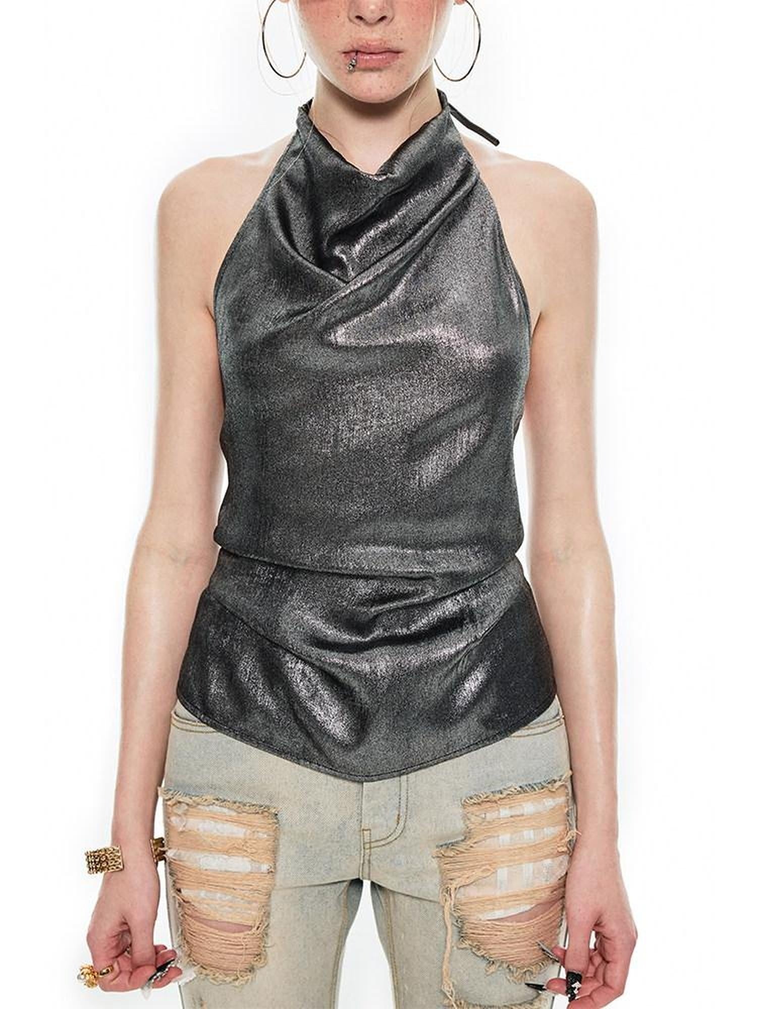 1JINN STUDIO Metallic Shimmer Halter Slim Fit Unpadded Womens Polyester Tank Tops