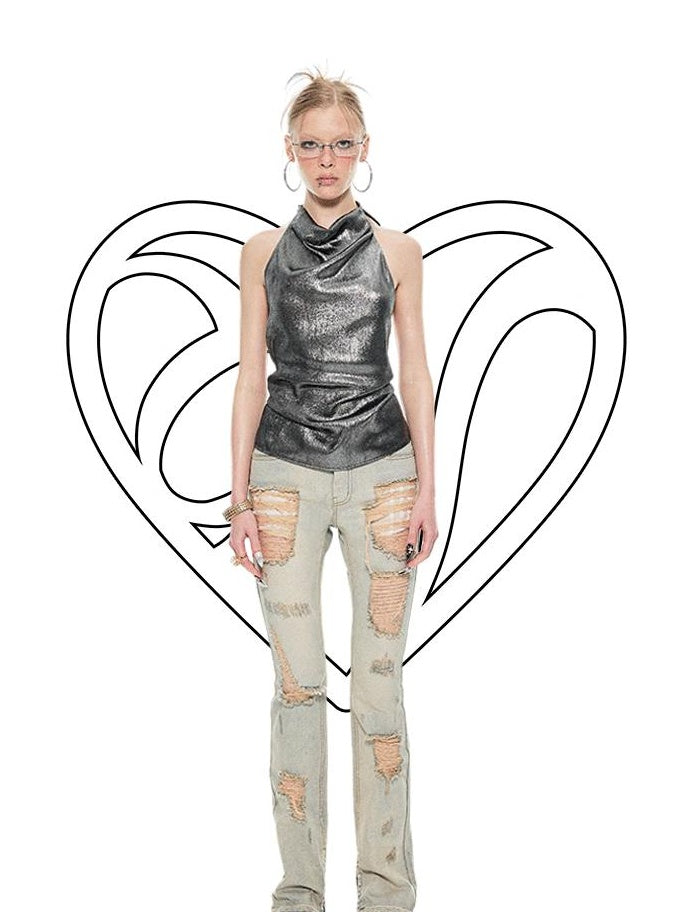 1JINN STUDIO Metallic Shimmer Halter Slim Fit Unpadded Womens Polyester Tank Tops