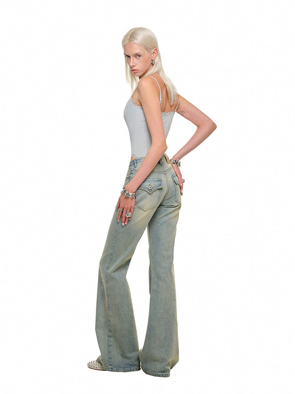 1JINN STUDIO Micro Stretch Washed Slim Natural Waist Office Petite Denim Blue Bootcut Jeans