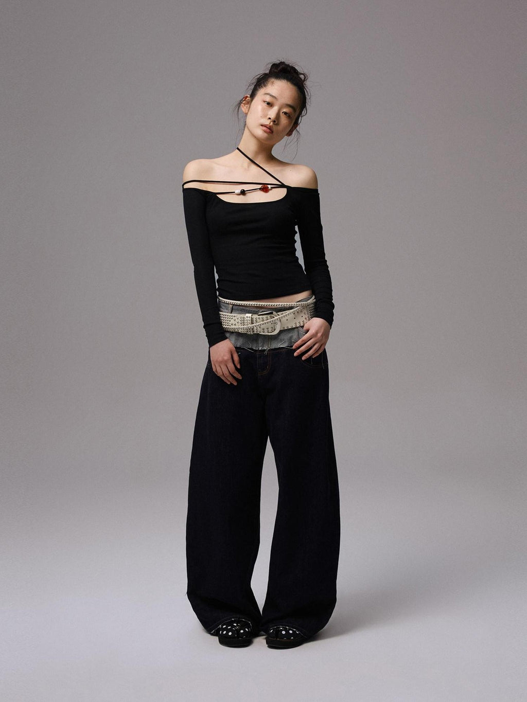 1JINN STUDIO Moisture Wicking Slim Asymmetric Boat Neck Cross Black Long Sleeve T-Shirts