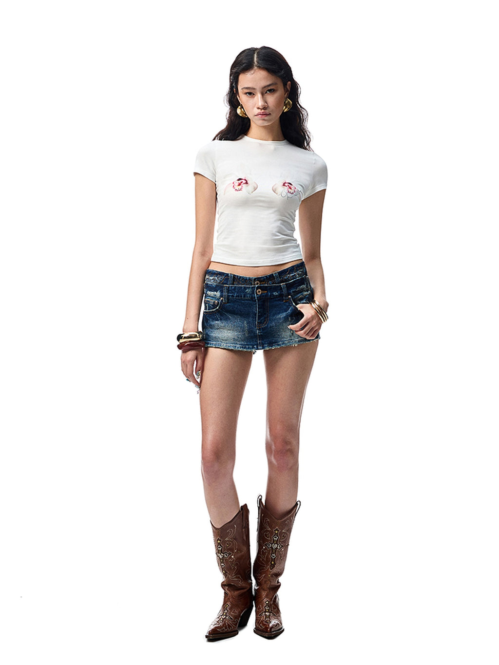1JINN STUDIO Moisture Wicking Stretch Cotton Slim Floral Print Women Short Sleeve T-Shirts