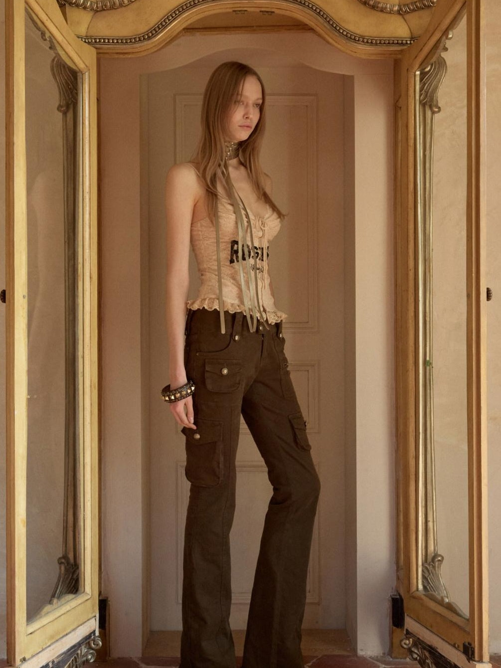 1JINN STUDIO Nylon Stretch Low Rise Utility Pocket American Women Micro Flare Flared Pants