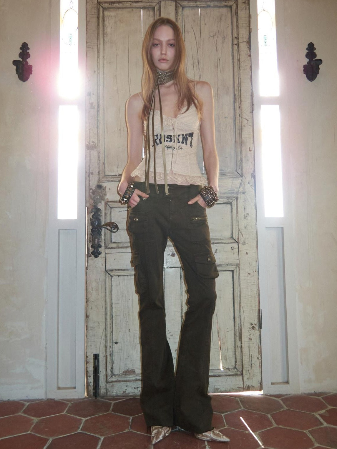 1JINN STUDIO Nylon Stretch Low Rise Utility Pocket American Women Micro Flare Flared Pants