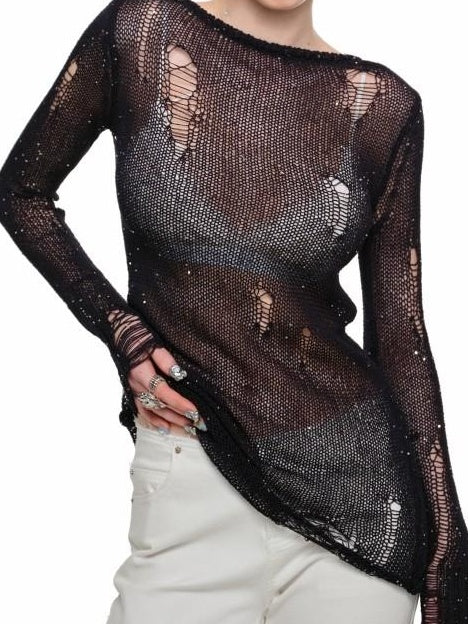 1JINN STUDIO Openwork V-neck Regular Fit Office Knit Pullover Women Acrylic Blend Sweaters
