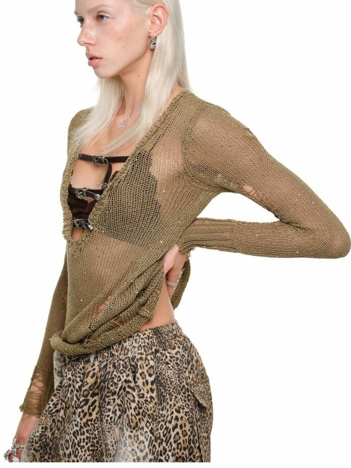 1JINN STUDIO Openwork V-neck Regular Fit Office Knit Pullover Women Acrylic Blend Sweaters