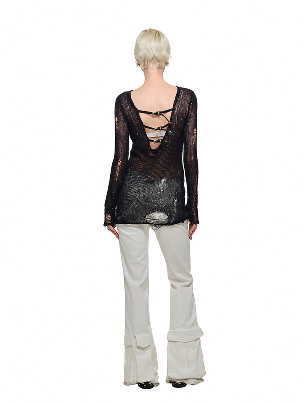 1JINN STUDIO Openwork V-neck Regular Fit Office Knit Pullover Women Acrylic Blend Sweaters