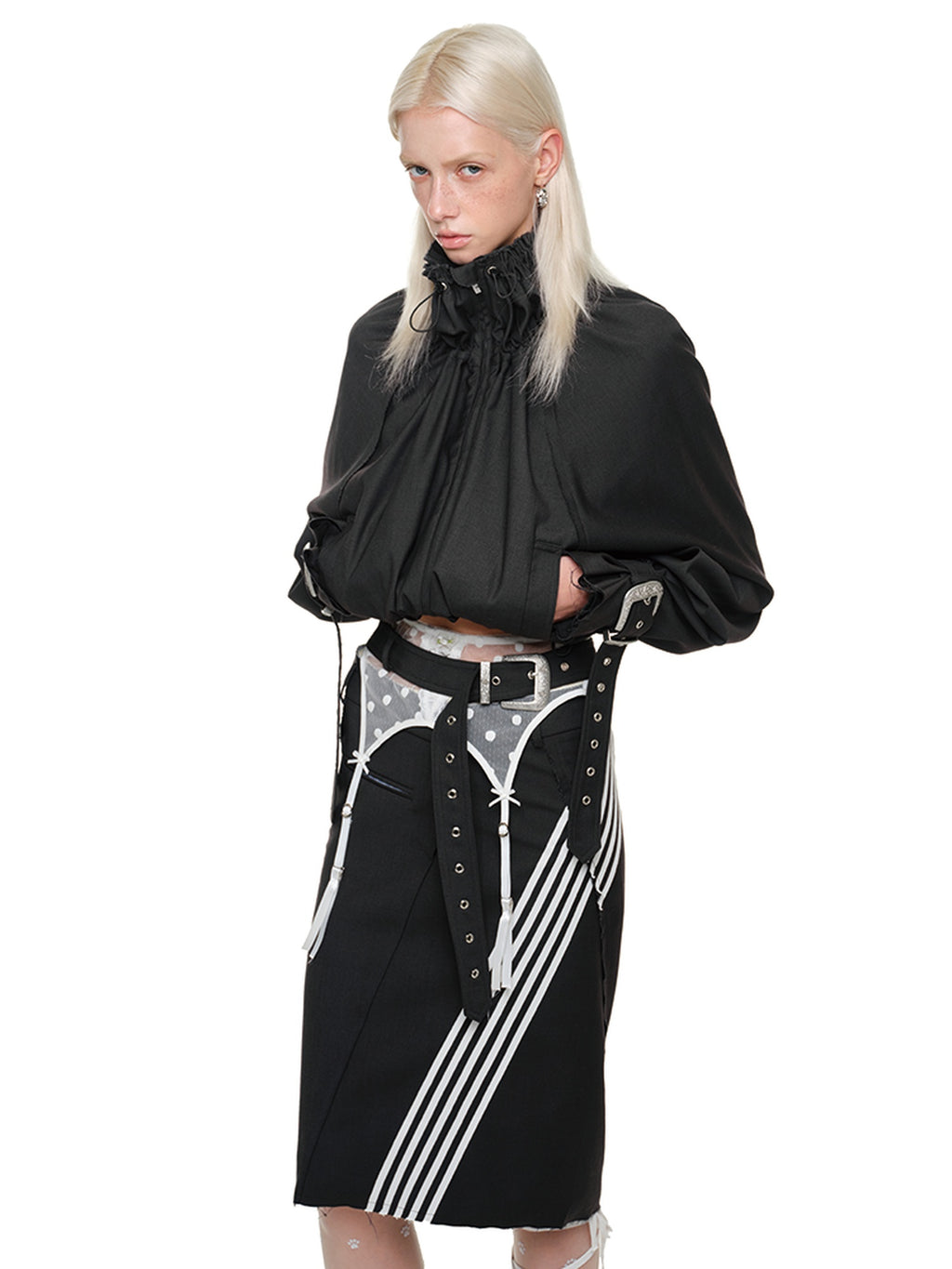 1JINN STUDIO Original Design Loose Fit Stand Collar For Women Solid Dark Gray Cropped Jackets