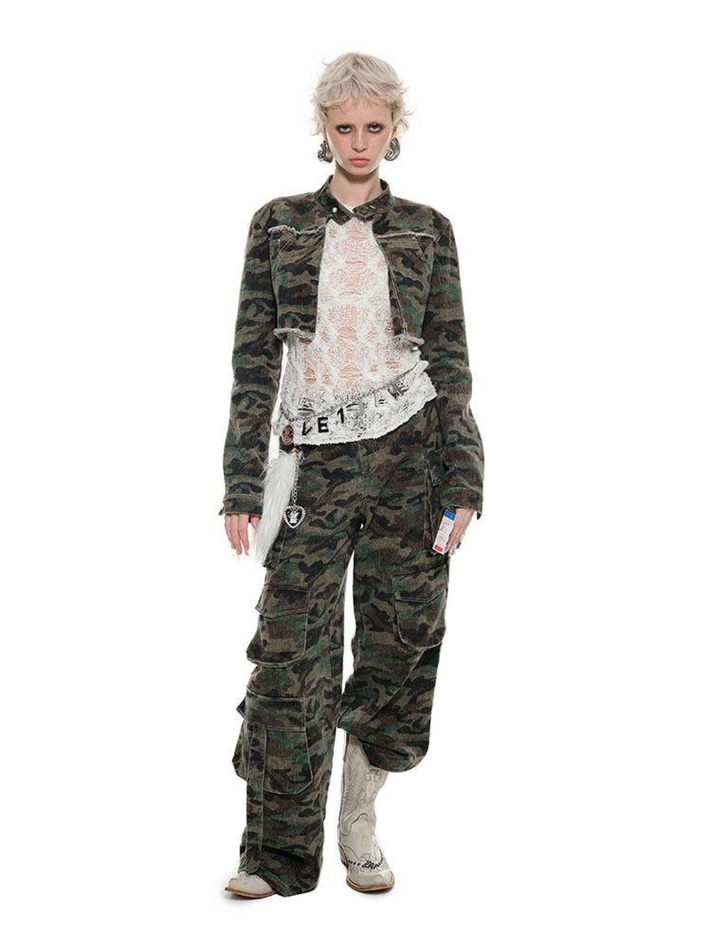 1JINN STUDIO Original Design Slim Fit Distressed Mock Neck Women Camo Cropped Jackets