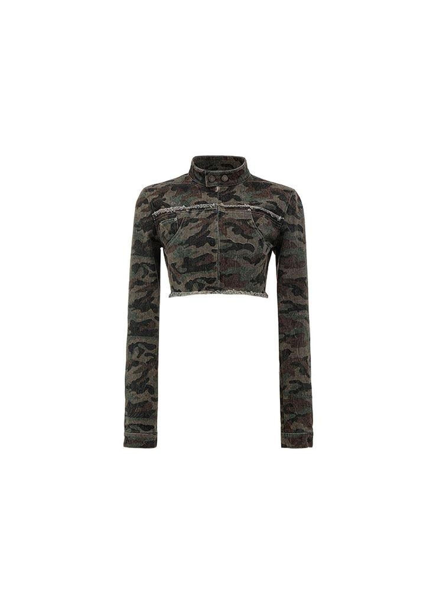 1JINN STUDIO Original Design Slim Fit Distressed Mock Neck Women Camo Cropped Jackets