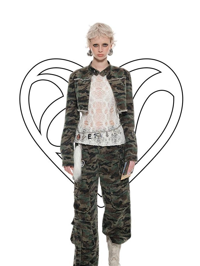 1JINN STUDIO Original Design Slim Fit Distressed Mock Neck Women Camo Cropped Jackets