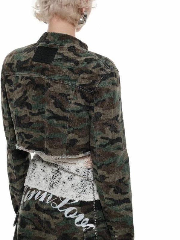 1JINN STUDIO Original Design Slim Fit Distressed Mock Neck Women Camo Cropped Jackets