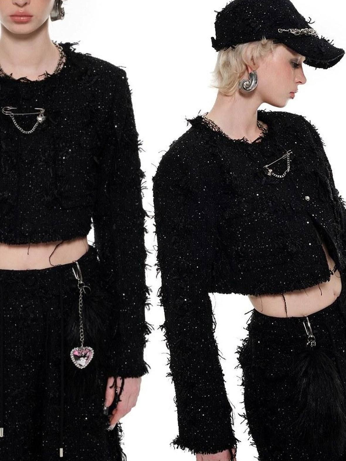 1JINN STUDIO Original Slim Cropped Round Neck Black Button Poly Blend Women Top & Skirt Sets