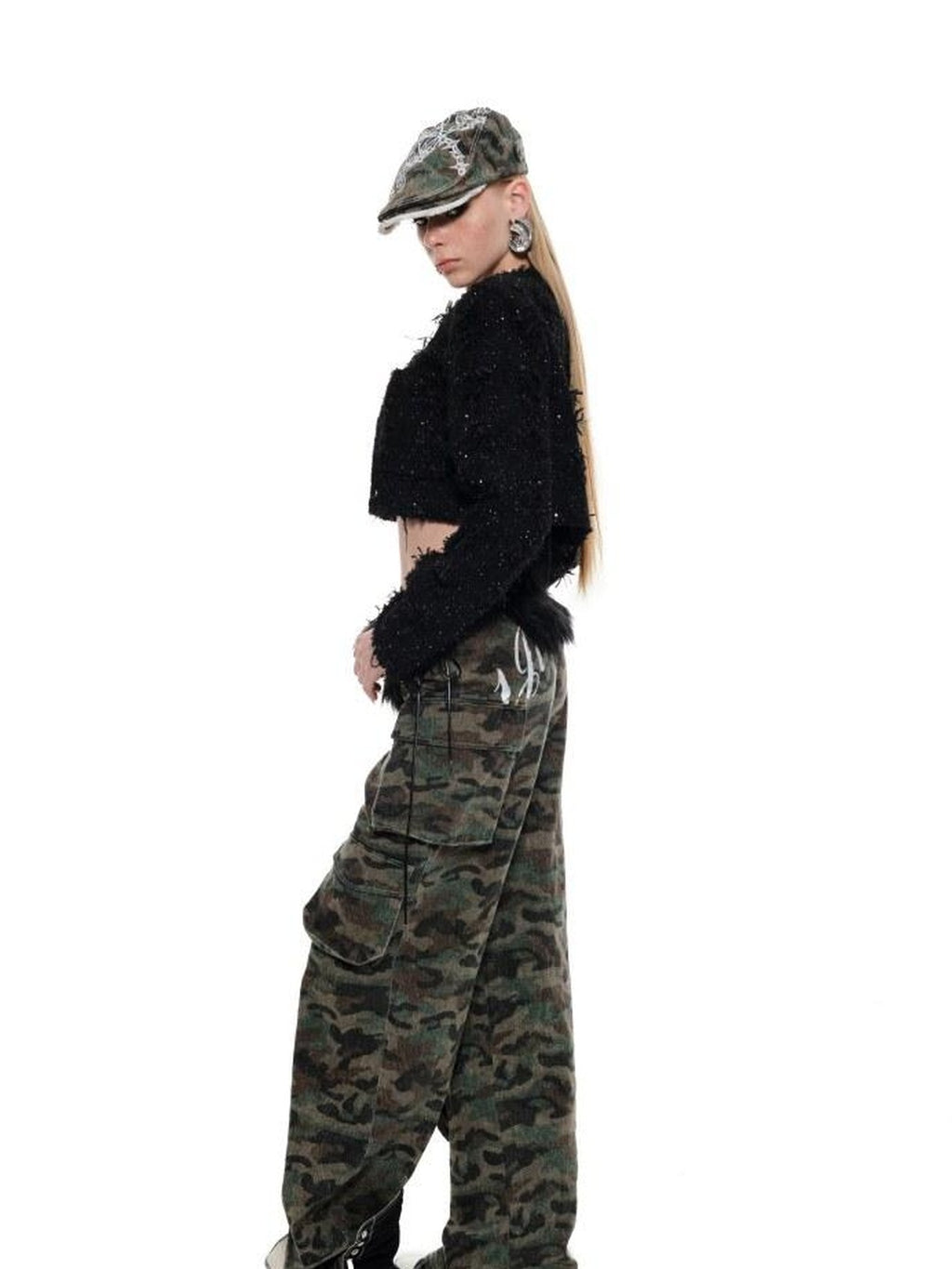 1JINN STUDIO Original Slim Cropped Round Neck Black Button Poly Blend Women Top & Skirt Sets
