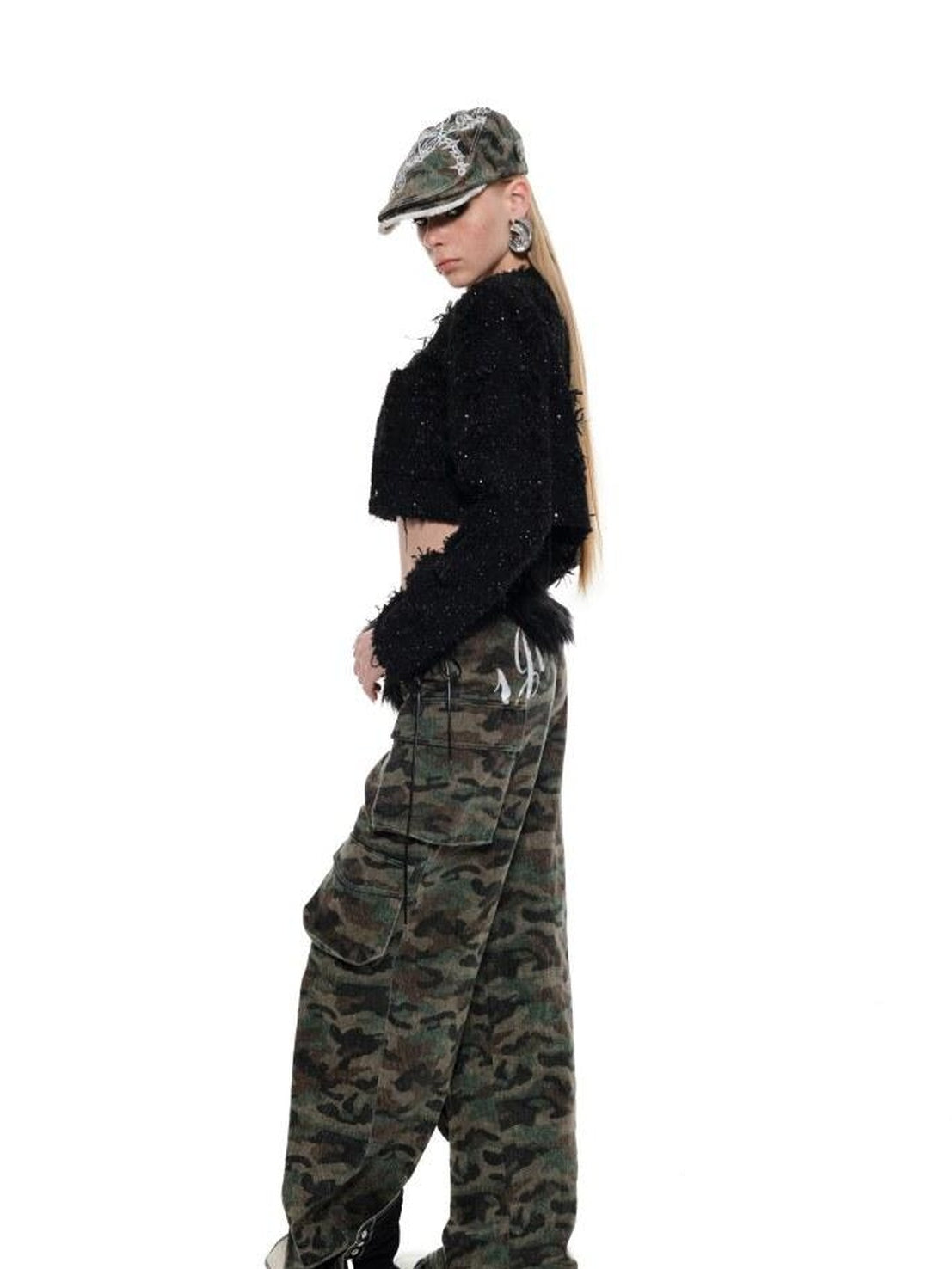 1JINN STUDIO Original Slim Cropped Round Neck Black Button Poly Blend Women Top & Skirt Sets