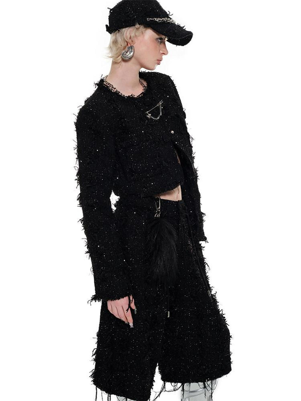 1JINN STUDIO Original Slim Cropped Round Neck Black Button Poly Blend Women Top & Skirt Sets