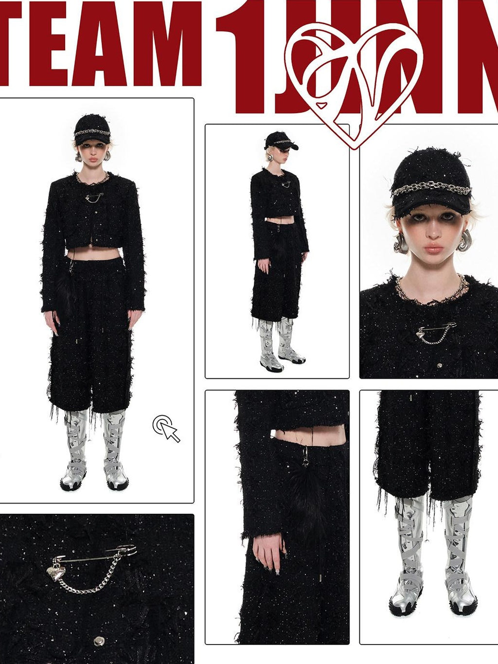 1JINN STUDIO Original Slim Cropped Round Neck Black Button Poly Blend Women Top & Skirt Sets
