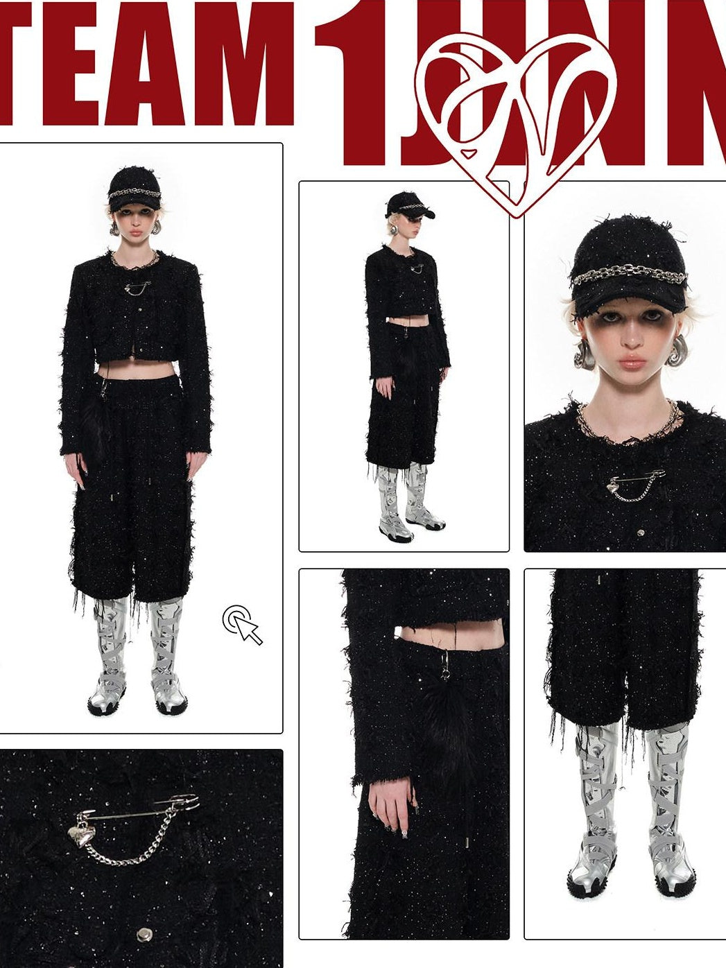 1JINN STUDIO Original Slim Cropped Round Neck Black Button Poly Blend Women Top & Skirt Sets
