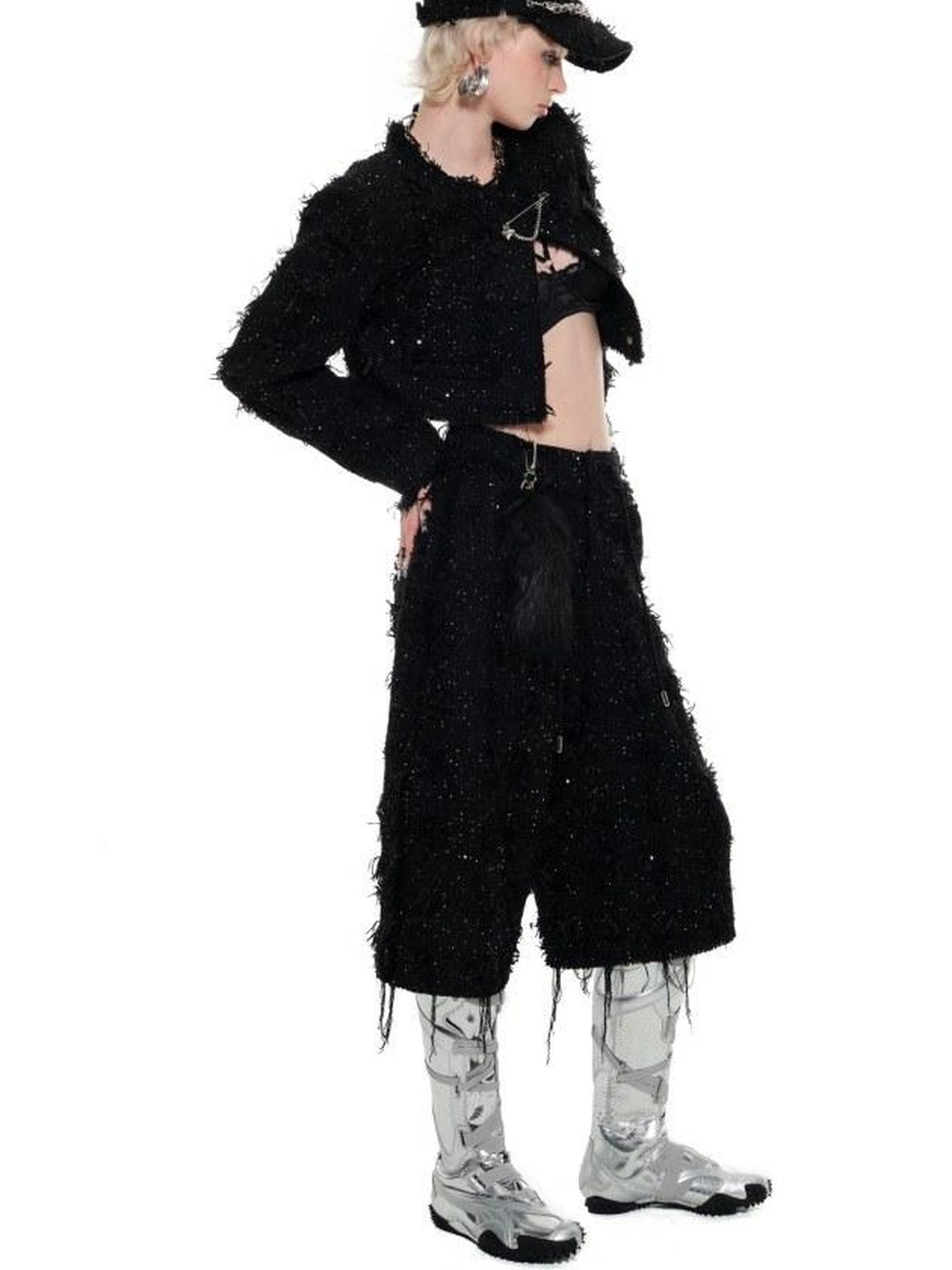 1JINN STUDIO Original Slim Cropped Round Neck Black Button Poly Blend Women Top & Skirt Sets